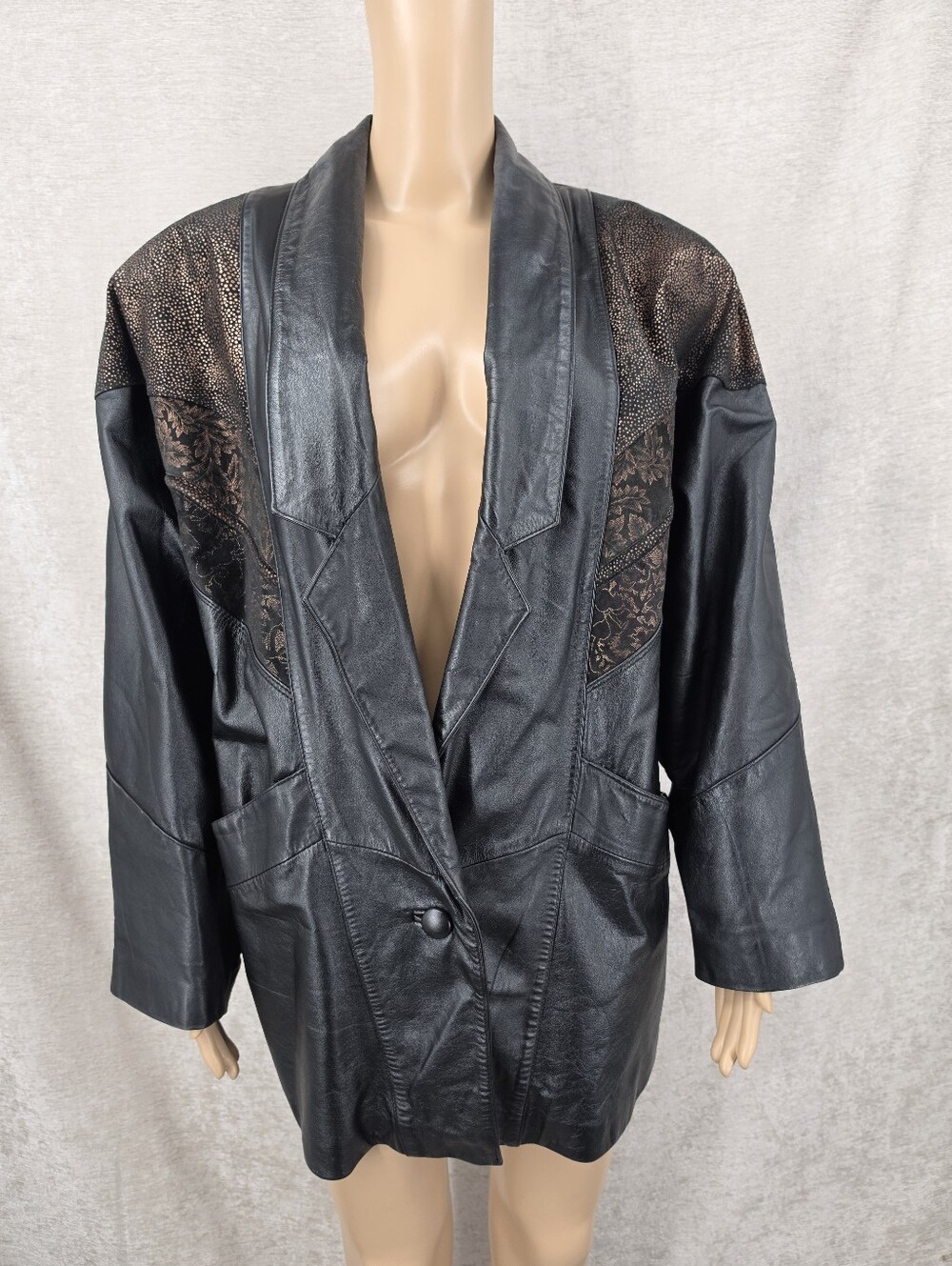 Vintage 80s Black Leather Oversized Jacket with Metallic Bronze  Shoulder Detail